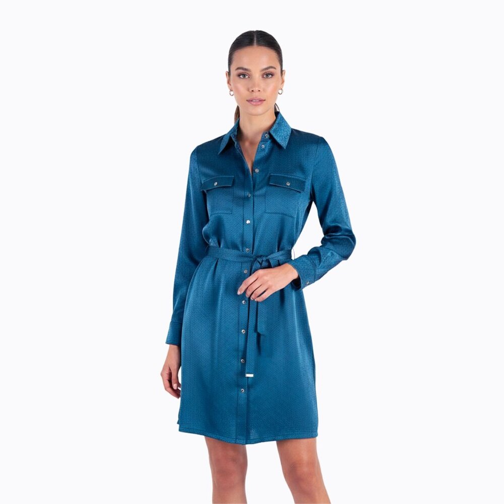 WHBM Belted Shirt Dress 0 Long Sleeve Digital Teal Satin Sheen Y2K Preppy Chic
